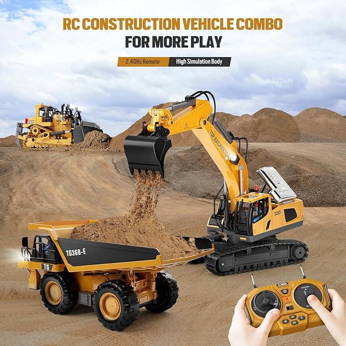 Remote Control Excavator Toy for Boys | 11-Channel Metal Construction Truck with Lights, 2×1200mAh Batteries, 120-Min Playtime | RC Excavator Toys for Kids Ages 3-12, STEM Gift for Birthday
