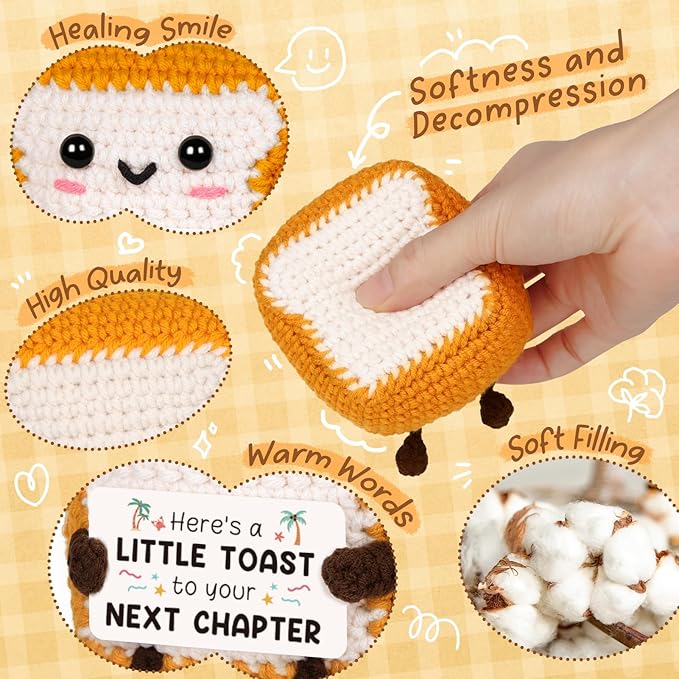 Glydein Funny Retirement Gifts for Women Men - Mini Positive Handmade Crochet Toast with Retirement Card“Next Chapter”, Cute Retired Present Desk Decor Keepsake for Coworker Teacher Boss Mom Dad