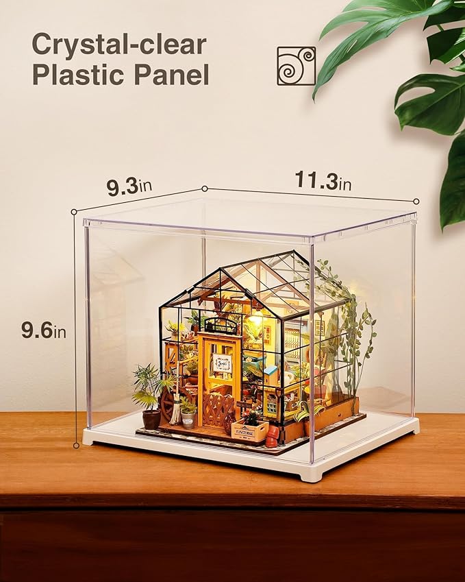 Rolife Clear Acrylic Display Case for Hobby Collectibles, Easy Assemble Dust Cover Showcase Clear Storage Bins, Stackable Storage Plastic Box with Wooden Base