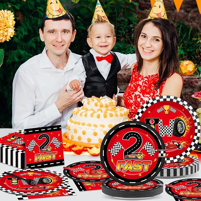 96 Pcs Race Car 2nd Birthday Party Supplies Hot Car Checkered Tableware Set Two Fast Table Decoration Racing Themed Plates Napkins and Forks for 2nd Boys Kids Birthday Baby Shower Serve 24