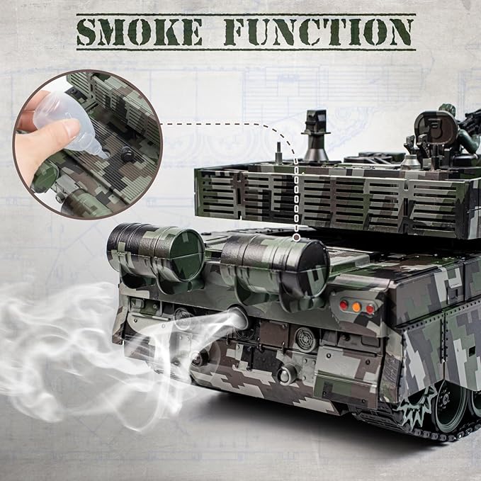 1:18 RC Tank, 2.4Ghz Chinese 99 Main Remote Control Battle Tank, 15 Channel RC Vehicle Army Toy with Smoke, Light and Sound, Military Truck for Adults and Kids