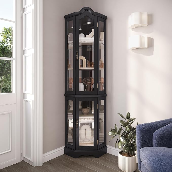 BELLEZE Lighted 3-Side Glass Display Curio Cabinet w/Tempered Glass Doors and Shelves, Curved Wood Corner Cabinet with Bulb, Corner Storage Rack for Living Room and Kitchen (Black)