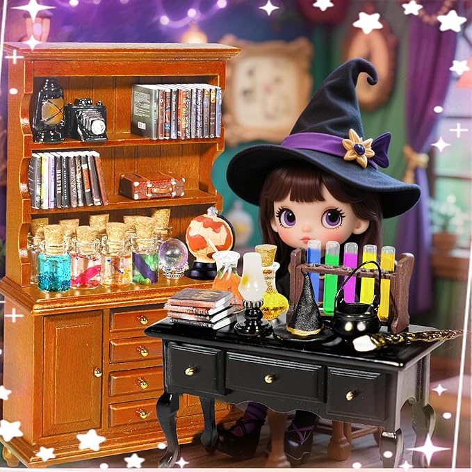 Rileryan 54 Pcs 1:12 Scale Magic Witchy House Kit Halloween Miniatures Furnitures Accessories Mini Wooden Bookshelf Bookcase 30 Mini Books Desk Chair Halloween Decoration Gift