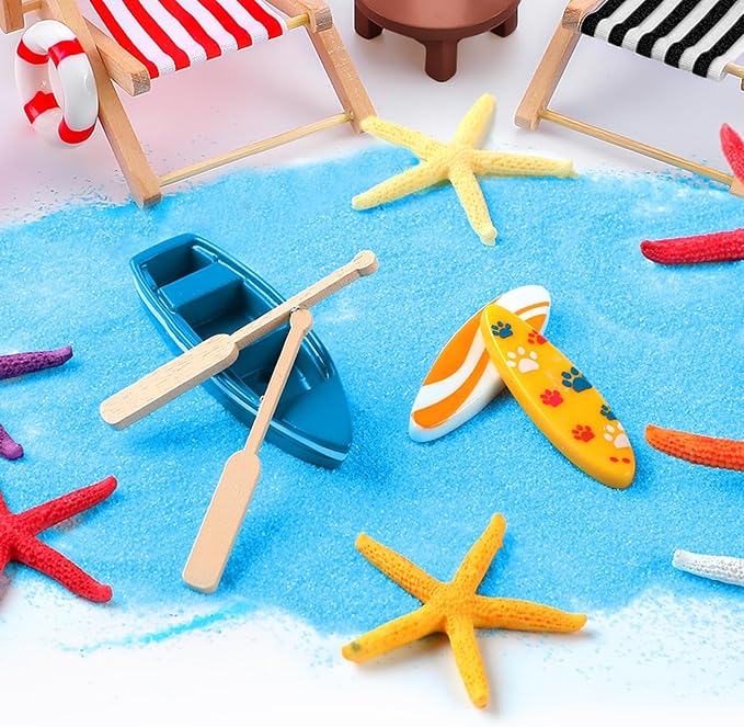Minatee 25 Pcs Beach Miniature Dollhouse Decoration, Umbrella Palm Chair Miniature Toys Garden Dollhouse Outdoor Accessories Beach Decorations for DIY Garden Plant Pool(Red, Black)