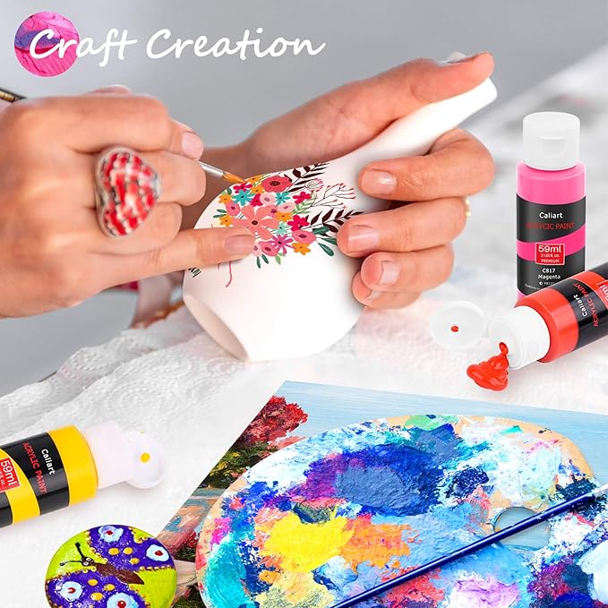Caliart Black Acrylic Paint with 12 Brushes, Pack of 24, Art Craft Paints (2 oz/Bottle), Canvas Ceramic Wood Eggs Rock Painting Kit, Art Supplies for Adults Artists Painters
