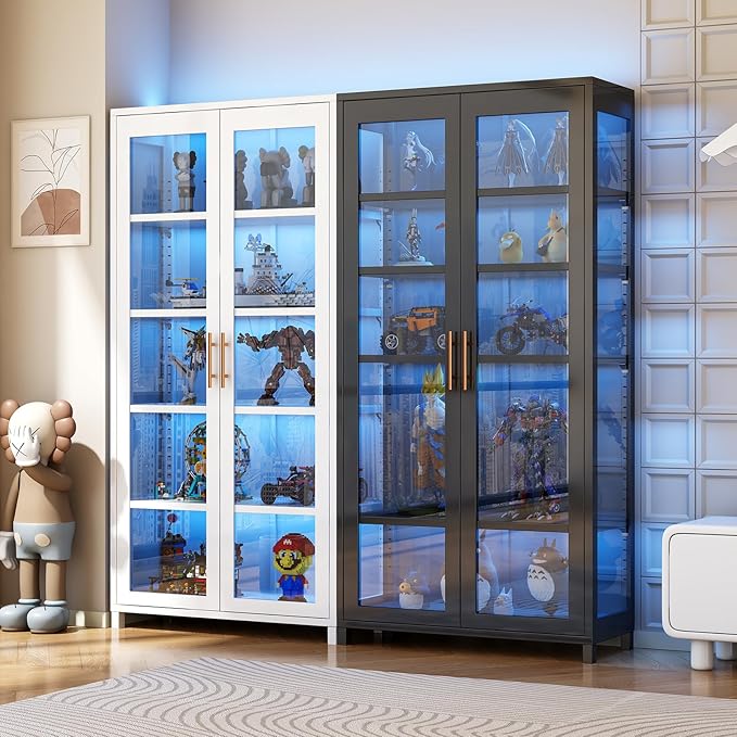 Display Cabinet with Glass Doors, 5-Tier Curio Cabinet with 4 Adjustable Shelves for Collectibles Toy Organizers Rack & Display Shelf, Kids Bookcase for Bedroom, Reading Nook, Living Room (White)