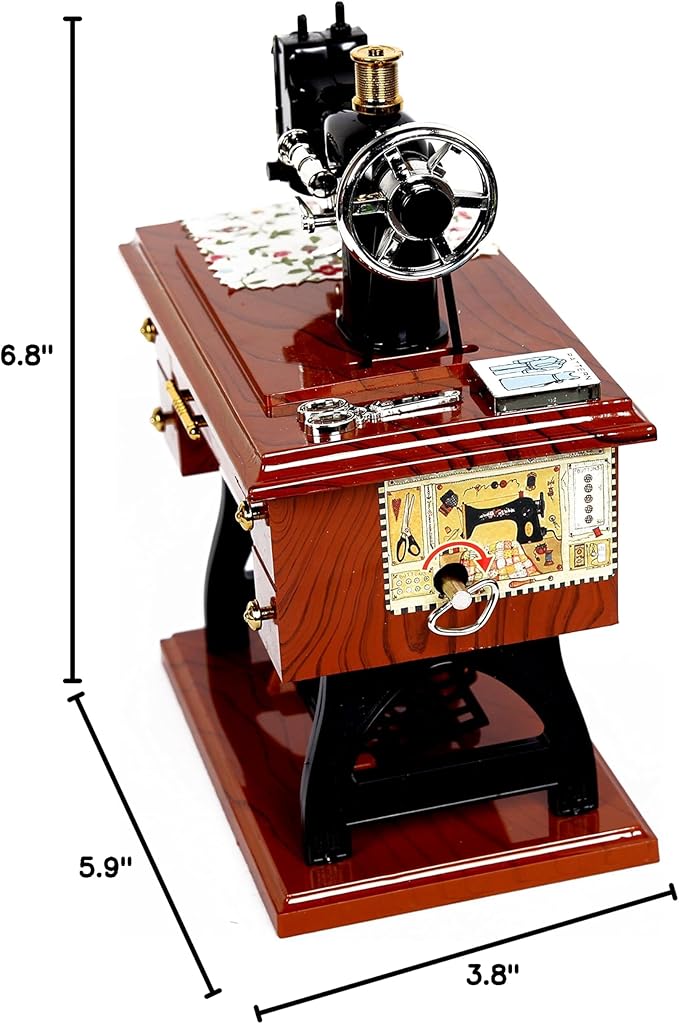 Artyea Vintage Mini Sewing Machine Style Plastic Music Box Table Desk Decoration Toy Gift for Kid Children, brown