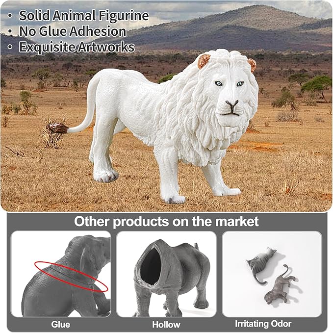 6PCS White Lion Toys Figurines Pride, African Jungle Animals Lion Family, Realistic Zoo Animal Toys, Preschool Toy Birthday Gift Cake Toppers for Kids Boys Girls
