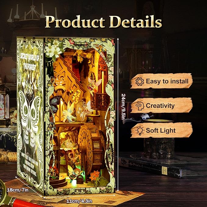 Book Nook Kit for Adult - THRIVINGIVAN Miniature Model Build Dollhouse Kit 3D Wooden Puzzle with Sensor Led Light for Bookshelf Bookend Insert Decor Adults Teen Crafts(Spirit), 1Pack