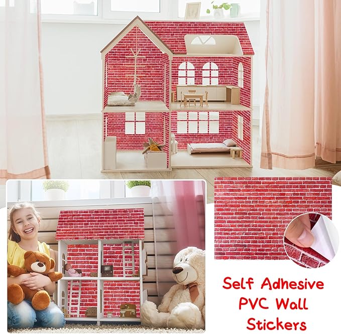 35 Pcs Miniature Dollhouse Wallpaper Self-Adhesive Mini DIY Floorboards Wall Paper Real Life DIY Decoration for Dollhouse(Red)