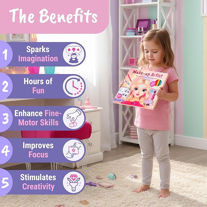 BSCOOL Make-up Artist. 3 in 1 Fun Makeup, Sticker, Coloring Kit, Includes Color Pencils, Makeup Palette, and 200+ Stickers. for Girls Ages 5,6,7,8. Christmas Gift for Girls