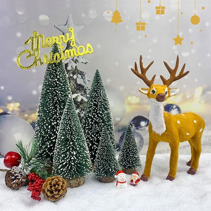 Mini Christmas Tree Small Christmas Tree Desktop Miniature Pine Tree Sisal Bottle Brush Trees with Wooden Base for Christmas Decor Christmas Party Home Table Craft Decorations