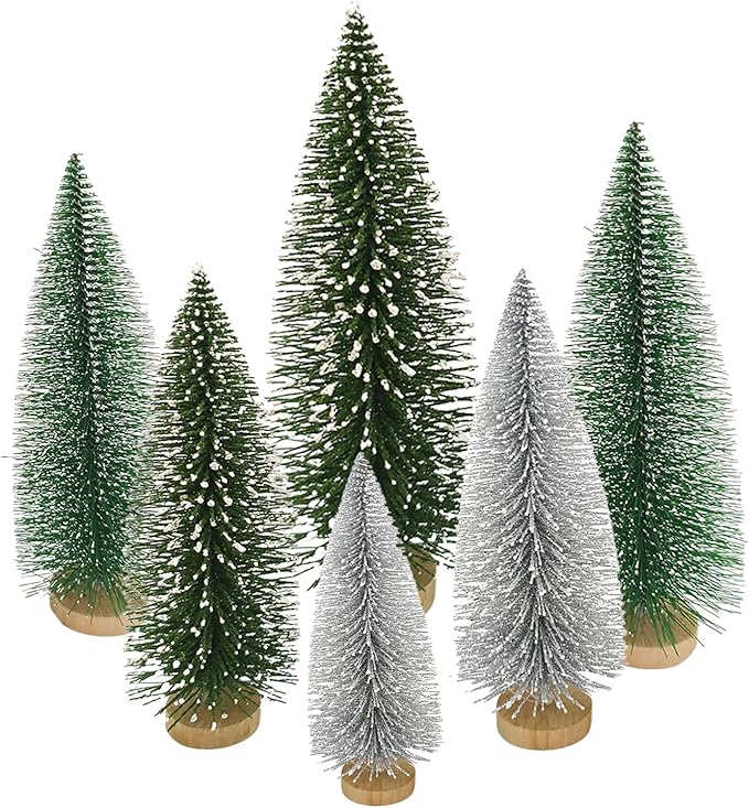 Yahpetes Christmas Trees 6 Pcs Artificial Bottle Brush Tabletop Trees Christmas Table Decorations for Xmas Holiday Party Decor (Silver,Green,Dark Green 6Pcs)