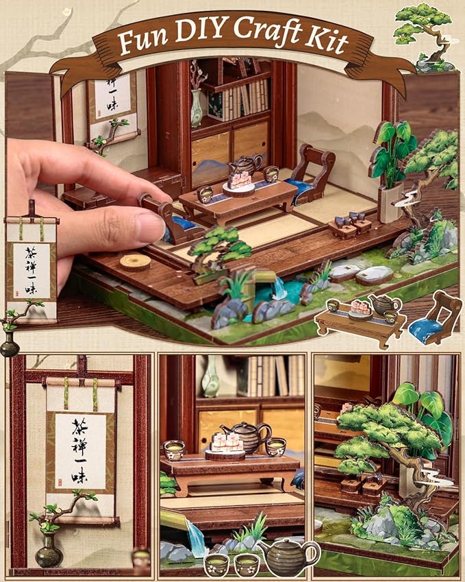 CUTEBEE Book Nook Kit - DIY Miniature House Japanese Tea House, Dollhouse Kit for Adults and Teens, Tiny House Bookshelf Decor 3D Wooden Puzzle, Gifts for Family, Friends(Kirishima Cha-an)