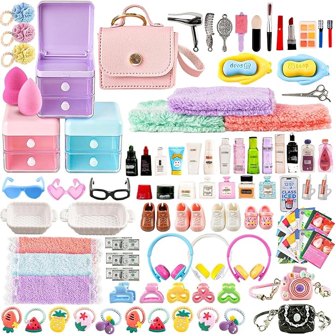 116Pcs Dollhouse Mini Accessories Set - Makeup Tools Bathroom Toiletries Handbag for DIY Micro Scene Decoration Simulation Shampoo Hair Dryer Cosmetic Brush for Bedroom Girl Novelty Toy Jewelry Box