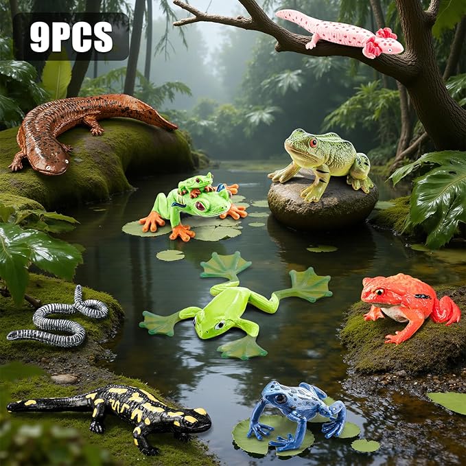 9PCS Amphibian Animals Figurines Toys for Kids with Rainforest Reptile Animals Figurines Include Salamanders, Ichthyophis, Frog Figures, Cake Toppers Party Favors for Toddler