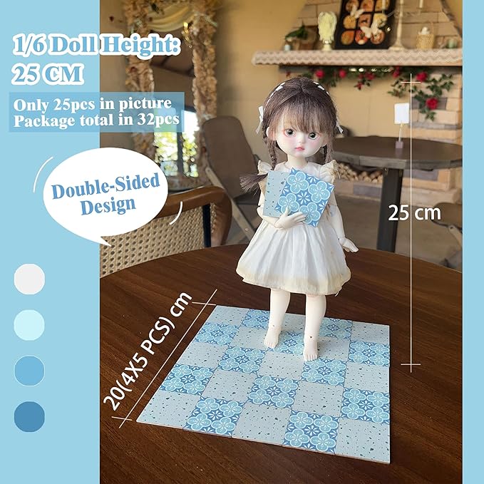 Halandar Dollhouse Flooring Tiles on 1/12 1/6 Scale Miniature Decor Accessories 32pcs Double-Sided