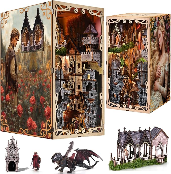 MiniCity Book Nook Kit - DIY Miniature House 3D Wooden Puzzle for Adult and Teens, Booknook Bookshelf Decor Scale Model Build with LED Light, Gifts for Family and Friends (Sleeping Beauty)