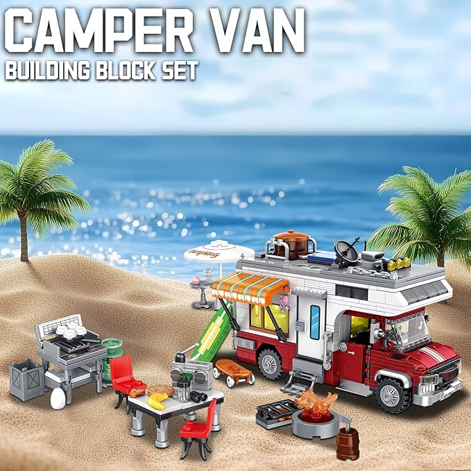 Camping Van Construction Toy 924 Pieces Building Block Set with Picnic Table Grill & Fire Scene Gift for Kids Teens & Vehicle Fans