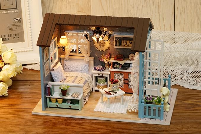 DIY Miniature Dollhouse Kits - Wooden Mini Model House with LED Lights, Tiny Furniture & Accessories – Craft Building Kits for Adults – Birthday Christmas Valentine's Gift- Blue Times