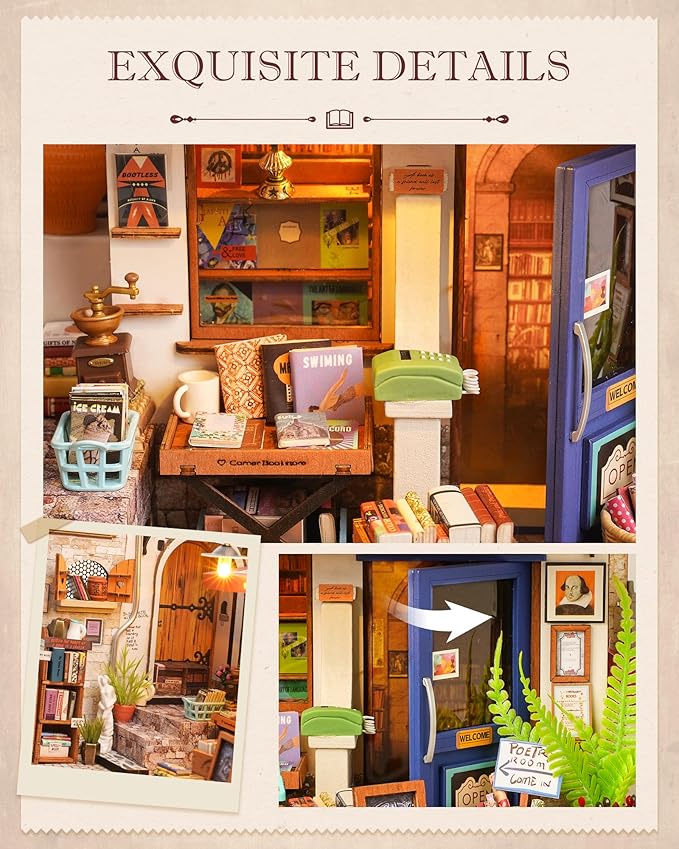 Rolife DIY Miniature House Kit 1:20 Scale Bookstore, Build Mini House Building Kit with LED Lights Craft Kits for Aduls Gifts for Him Her