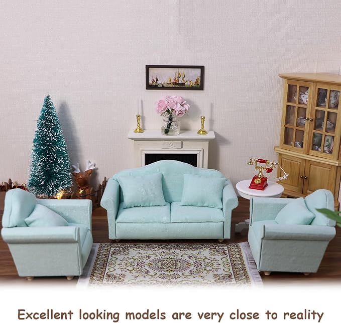 Dollhouse Couch Miniature Furniture Sofa with Pillows for Living Room Desktop Decoration Fabric Sofa Mini Home Scene Accessories Ornament (Single Sofa, Green)