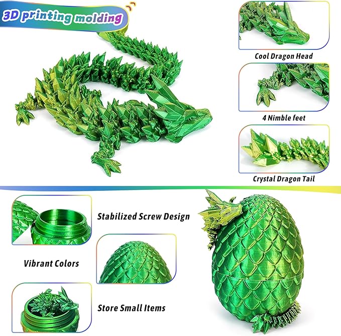JOD® 4PCS 3D Printed Dragon Eggs with Dragon Inside – Articulated Fidget Toys, Easter Dragon Eggs, Mystery Surprise Easter Eggs for Kids, Unique 3D Printed Animals, Home Decor and Gift Set(A)