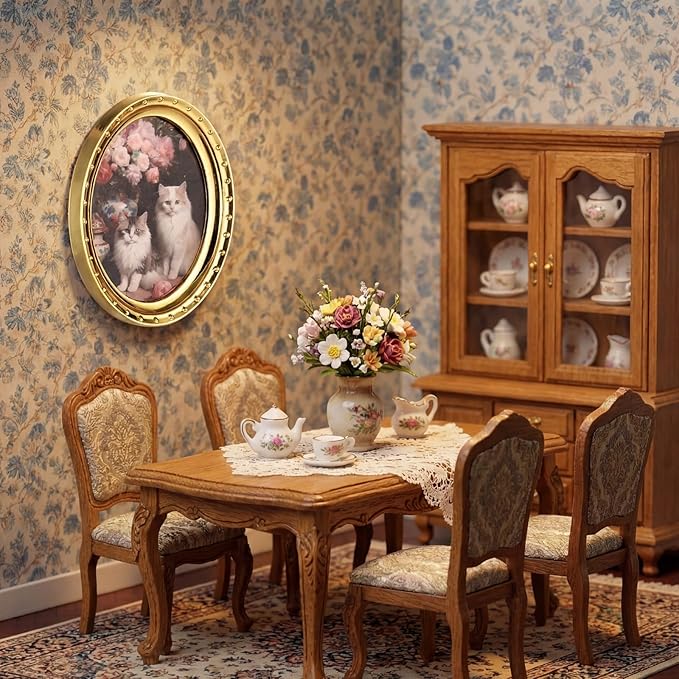 1:12 Scale Miniature Dollhouse Picture Frames – Set of 4 Antique Brass Oval Frames, Printed Floral Micro Accessories for DIY Room Box, Fairy Garden & Dollhouse Decor