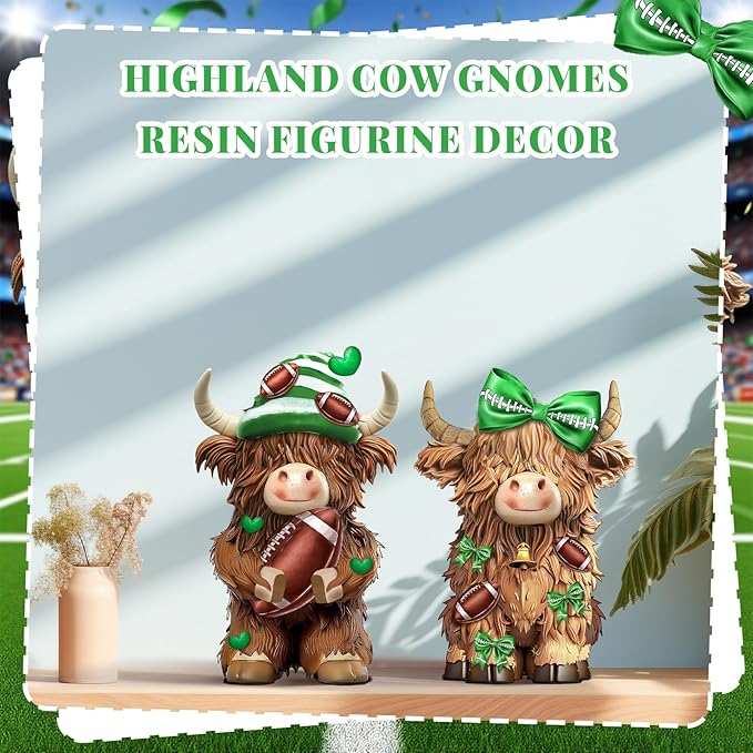 Burbell 2 Pack Football Highland Cow Resin Figurine Decor Bathroom Highland Cow Gnomes with Football Scarf Resin Statue for Garden Table Shelf Home Decor Calf Gnome Herd Gifts