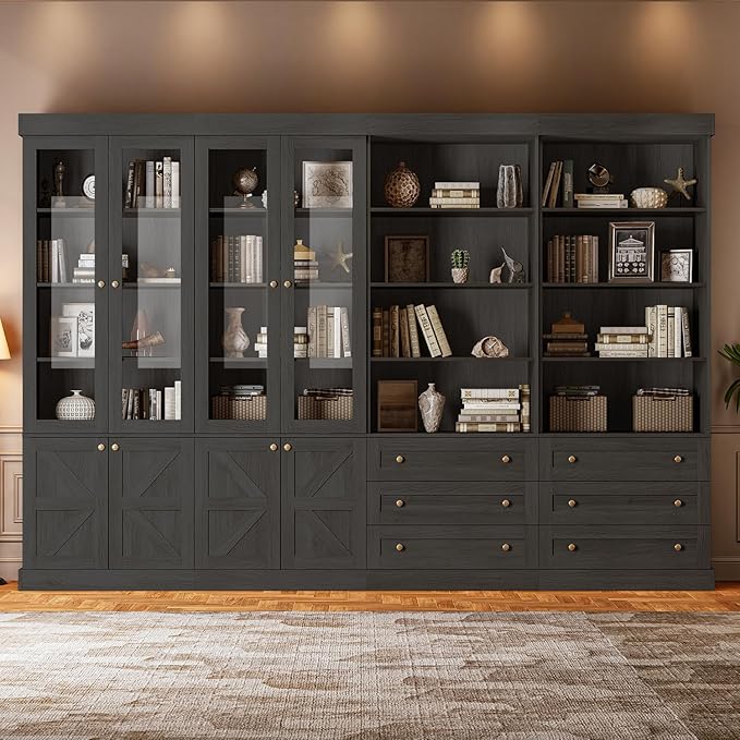 71" Tall Farmhouse Kitchen Pantry, Large Storage Cabinet with Glass Doors, Adjustable Shelves, 3 Drawer, Wood Versatile Hutch Cabinet for Dining Room, Living Room, Black 4 Pcs