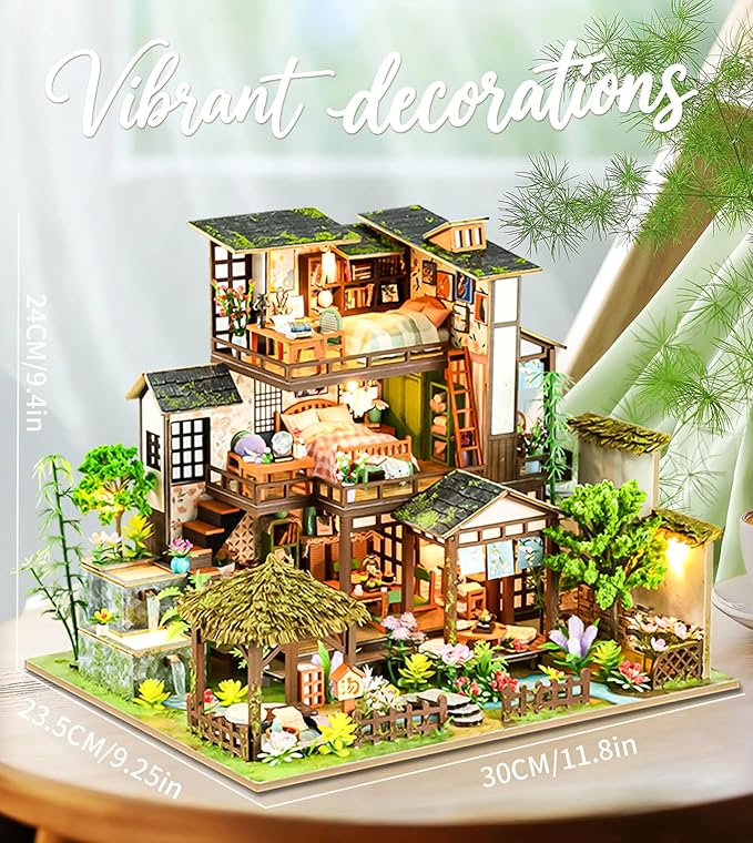 Spilay Miniature Dollhouse Miniature House Kit, DIY Kit Mini Modern Villa Model with Music Box, Best Christmas Birthday Gift.(Bamboo Spring Courtyard)