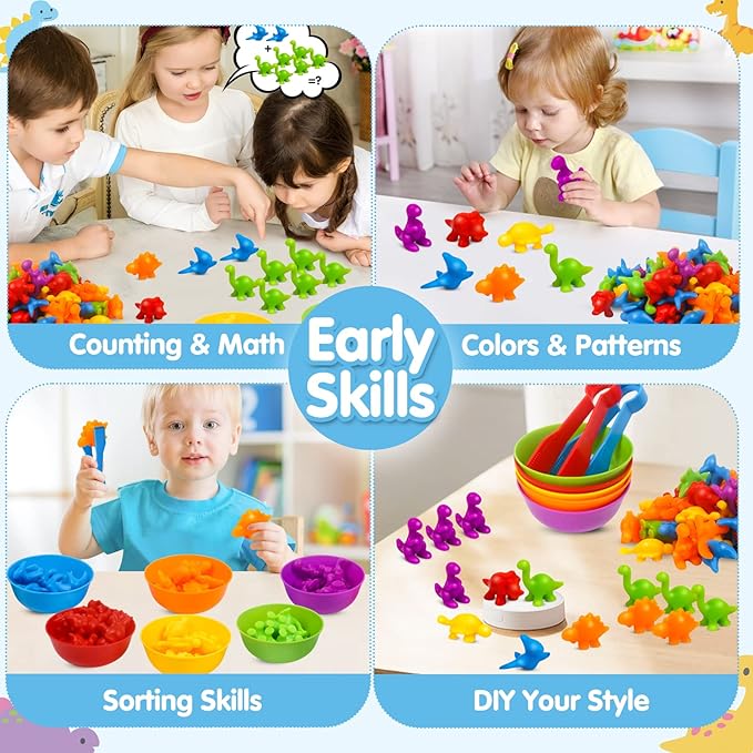 Counting Dinosaurs Toys Matching Game with Sorting Bowls Preschool Learning Activities Montessori Sensory Toys for Math Color Sorting, Party Favors Birthday New Year Gifts for Toddlers