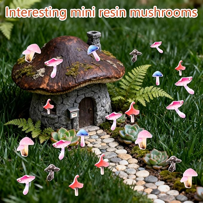 210pcs Tiny Mushroom Decor, Mini Resin Mushroom Figurines Cute Colorful Miniature Trinkets Toy Decorations Landscape Decor for Fairy Garden Dollhouse Terrarium Micro Landscaping Accessories (5 Styles)