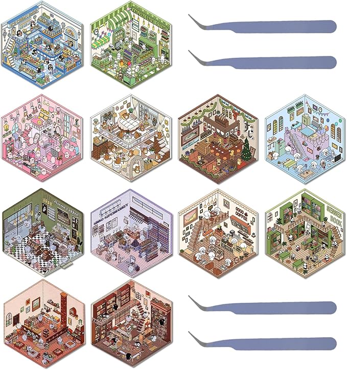 DIY 3D Sticker Scene, 12 Sets Fun DIY 3D House Stickers, Make Your Own Mini Room Scenes, Cute Cartoon 3D Miniature Scene Stickers Book Sticker Therapy for Adult Kids Relief Stress Pass The Time