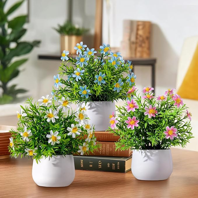 Yarmare 3 Pack Small Fake Plants Artificial Potted Flowers for Indoor Mini Faux Plants with Flowers Greenery for Home Decor Living Room Bathroom Bedroom Office Table Shelf (White+Pink+Blue)