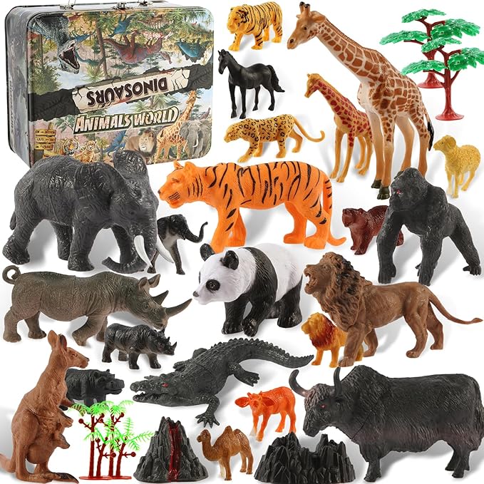 30-Piece Safari Animals Figures Toys Set for Kids -6-Inch Realistic Jumbo Wild Zoo Animals, Plastic African Wild Zoo Playset with Metal Storage Box Educational Learning Playset for Kids 3-5-7