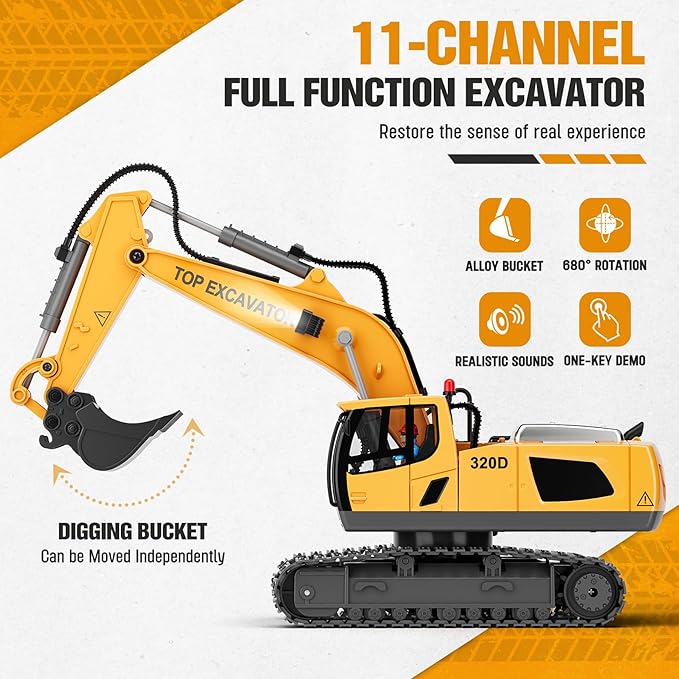 Remote Control Excavator Toy for Boys | 11-Channel Metal Construction Truck with Lights, 2×1200mAh Batteries, 120-Min Playtime | RC Excavator Toys for Kids Ages 3-12, STEM Gift for Birthday