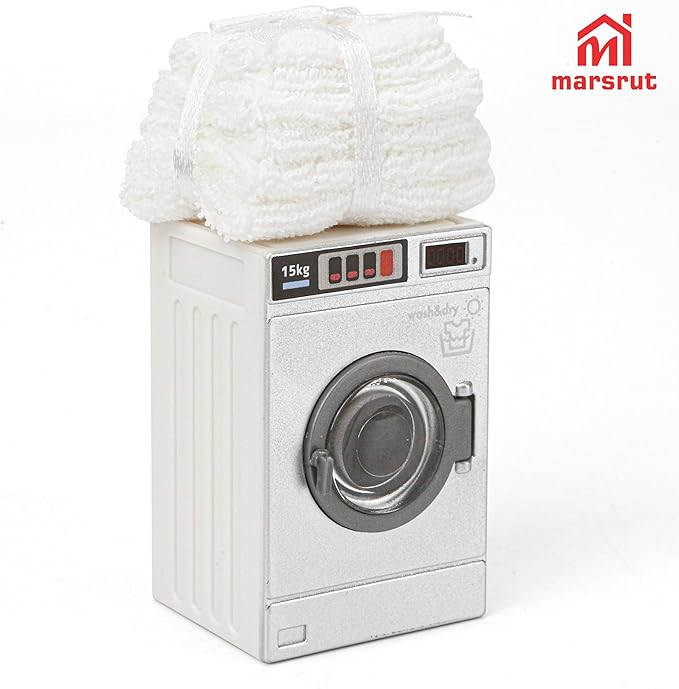 Miniature Washing Machine Dollhouse 1/24 Scale & Miniature Towel Set 1/12 Scale, Openable Lid Washer Dryer, Mini Laundry Appliance Model, White Mini Towels, Bathroom Furniture Decoration Accessories