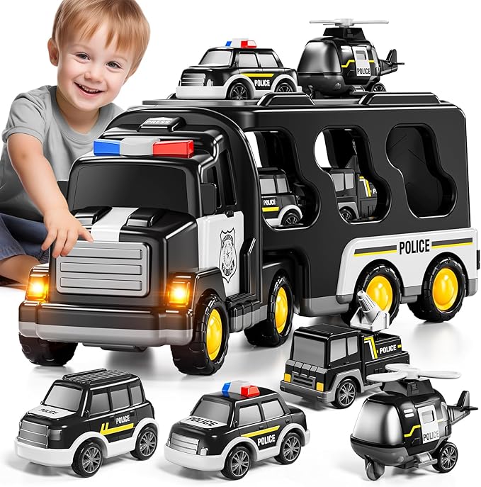 Police Truck Toy for 3 4 5 6 Years Old Boys - Carrier Vehicle Toy Set with 3 Small Cars and 1 Helicopter, Kids Firction Powered Car for Age 3-9, Gifts for Boys and Girls