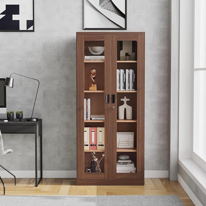 Display Cabinet with Glass Doors, Display Case Cabinet for Collectibles, Curio Display Cabinet with 4 Adjustable Shelves, 71" Glass Display Cabinet for Home Living Room (Wood Color)