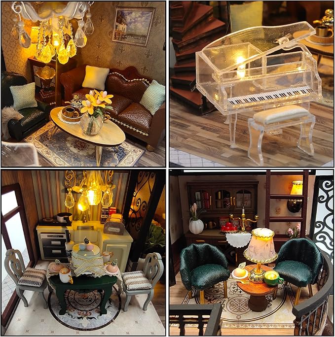 CUTEROOM DIY Miniature House Kit, DIY Miniature Dollhouse Kit with Funiture LED Lights & Music Box, Creative Room for Adult Valentine's Christmas Day Gift - Dream Buliding Pavilion