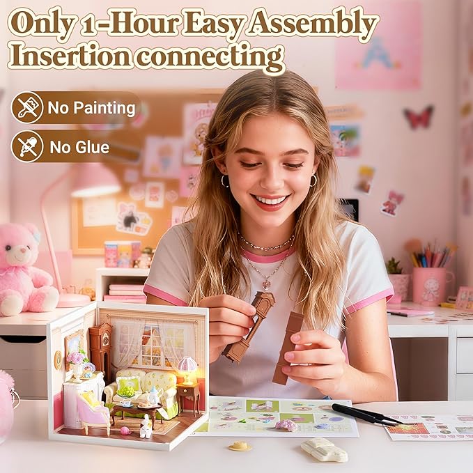 ROBOTIME Super Creator Kits, DIY Miniature House Kit with LED, Plastic Mini House, Toy Building Set for Adults, Craft for Home Decor Unique Gift (Holiday Tea Time)