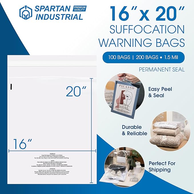SPARTAN INDUSTRIAL - 16" X 20" (200 Count) Self-Seal Clear Poly Bags With Suffocation Warning for Packaging, Blankets, Clothing - Permanent Adhesive