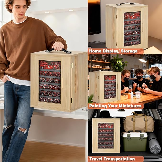 Miniature Storage Case for Collectibles, Miniature Display Cases with Magnetic Door and 6 Trays, Clear View Miniatures Transport Case (Wooden)