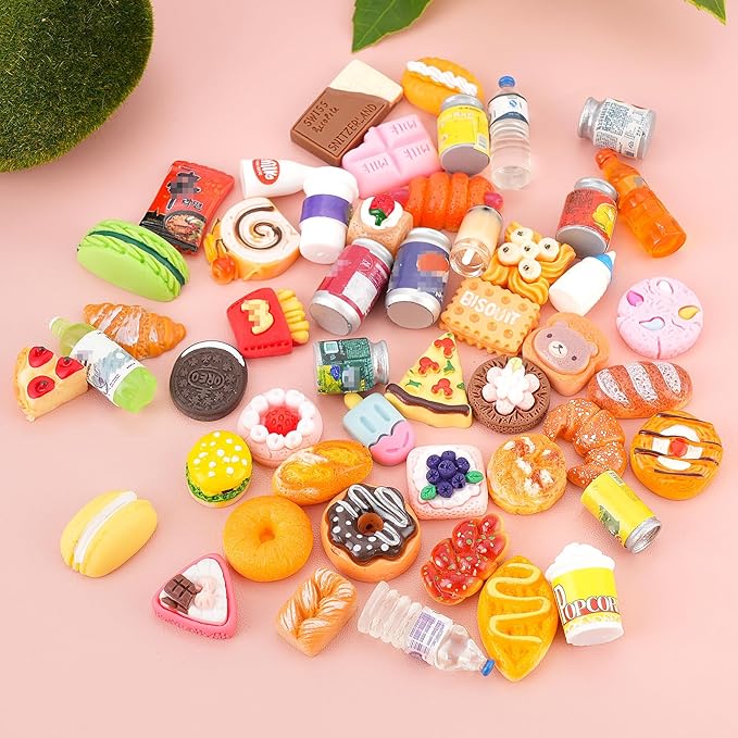 50Pcs Miniature Food Drinks Bottle Soda Pop Cans, Pretend Play Mini Kitchen Game Party Accessories Toys Hamburg Cake Ice Cream for 1/12 Doll House