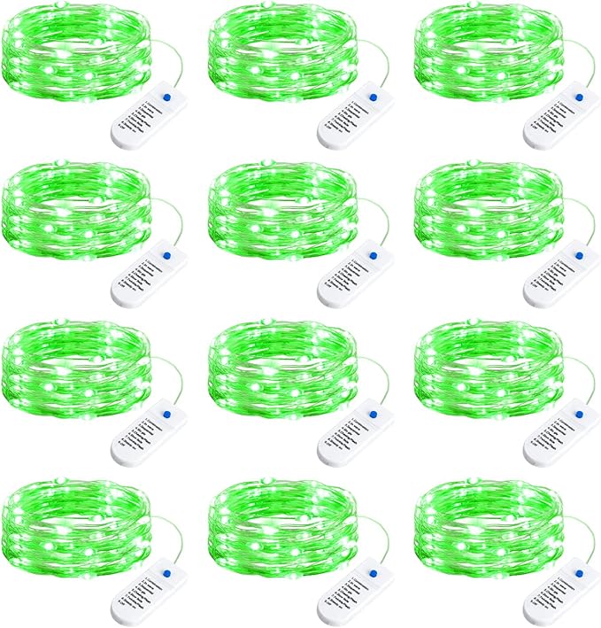Minetom 12 Pack Green Christmas Lights, St Patricks Day Lights, 7ft 20 LED Fairy Lights Battery Operated String Lights, St Patricks Day Decorations, 8 Modes Timer Waterproof Silver Wire Twinkle Lights