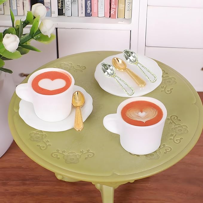 4Sets Miniature Dollhouse Dish Set – 1:12 Scale Plates, Spoons & Coffee Cups, Realistic Porcelain Tableware for Dollhouse Kitchen, Miniature Dinner Accessories,DIY Display & Decorative Utensils（White）