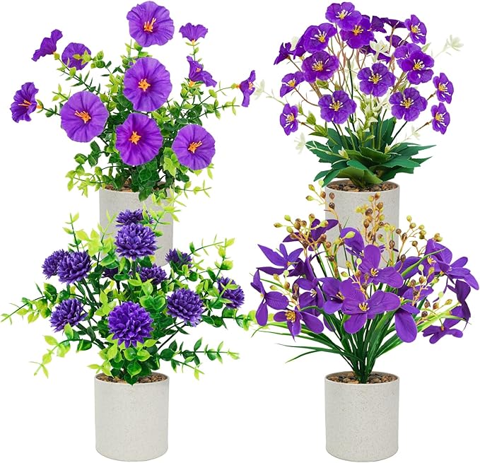 Luiywan 4 Packs Small Fake Plants Mini Artificial Potted Flowers Plastic Small Faux Potted Plants Indoor for Home Room Office Shelves Spring Decor, Purple