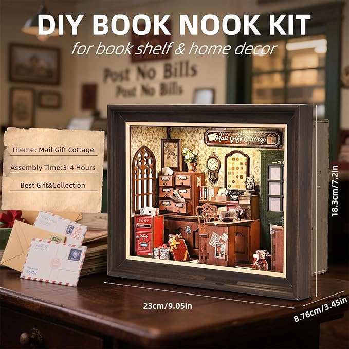 Book Nook Kit-3D Wooden Puzzle with LED Switch Control & Wall-Mountable Frame,DIY Miniature House for Beginners,Bookshelf/Tabletop/Wall Decor for Craft Lovers,Dollhouse Gift,Mail Gift Cottage
