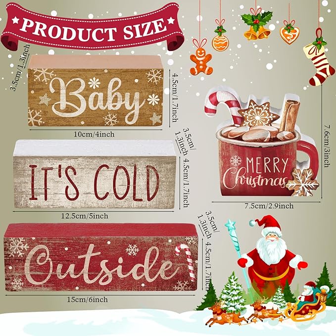 Moucuny 4 Pcs Christmas Table Decor Wooden Hot Cocoa Decoration Christmas Centerpiece Winter Tiered Tray Decor Decorative Red Hot Cocoa Block Signs Gift Farmhouse Xmas Decoration for Home Kitchen